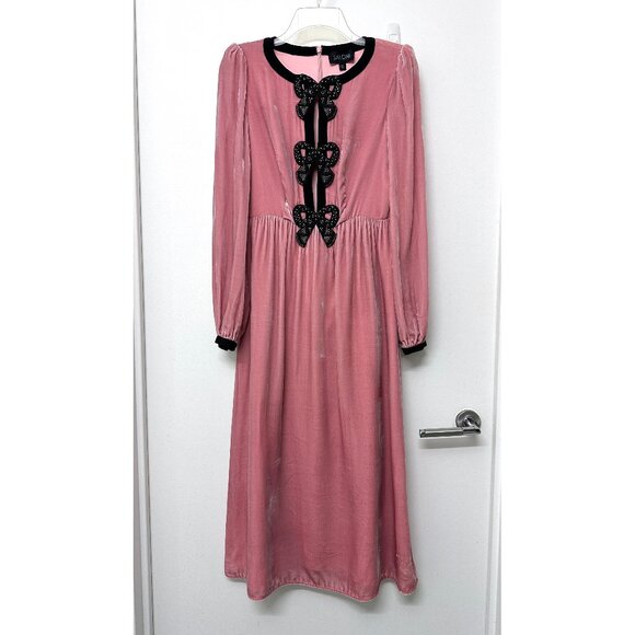 Saloni Camille Crystal Bow Liquid Velvet Midi Dress Rose Pink Black Beaded US 2 - Picture 2 of 16